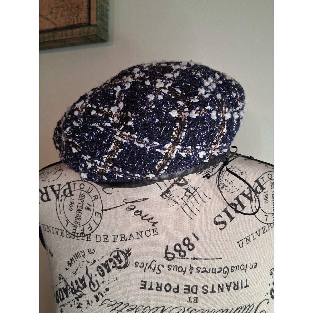 The Green Party Navy Blue Tweed Sequin Beret Hat Faux Leather Trim A